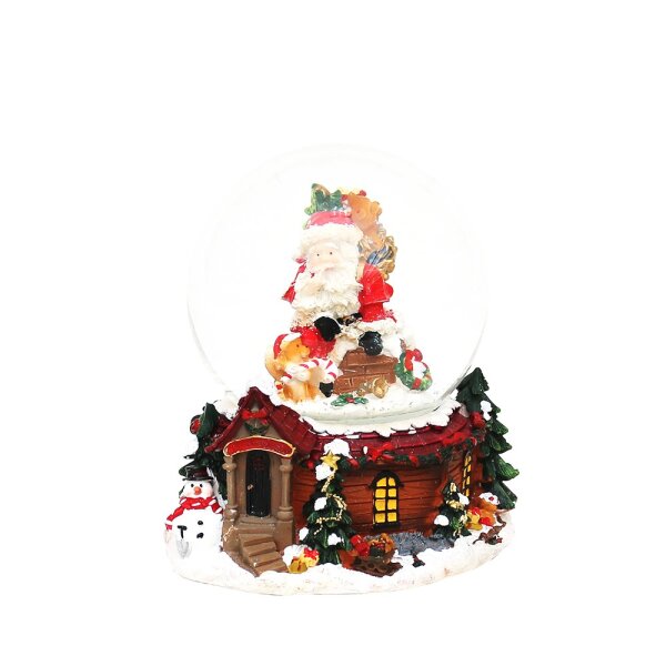 Polyresin Schneekugel "Weihnachtsmann auf Schornstein" 12 x 13,5 x 14,5 cm Ø 10 cm Spielwerk Here comes Santa Claus;