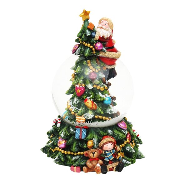 Polyresin Schneekugel "Weihnachtsmann am Tannenbaum" 13,3 x 12,5 x 18,5 cm Ø 10 cm Spielwerk Oh Tannenbaum;