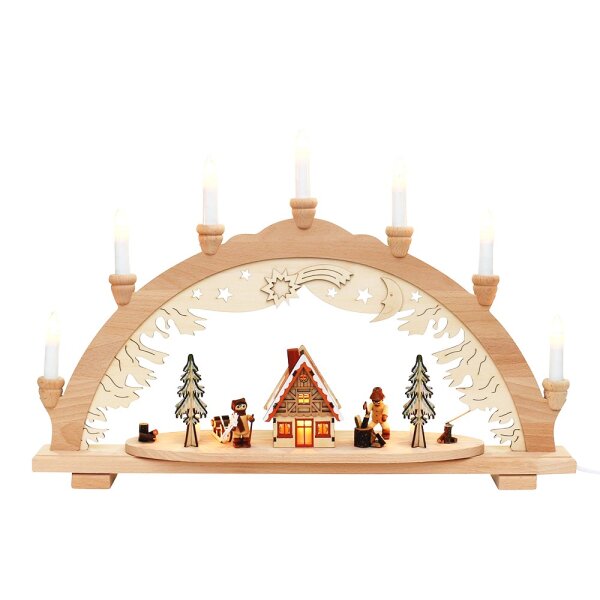 Holz Schwibbogen mit Winterfiguren & Waldhaus innen beleuchtet (Premiumholz) 57 x 9 x 38 cm 230 V Kabel; 10 flammig; SPK;