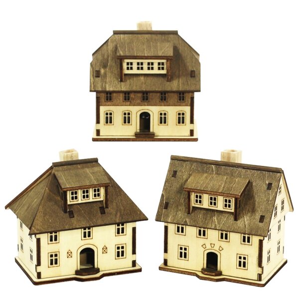 Holz Räucher-Haus Seiffen 3-fach sort. 8,2 x 6 x 8,3 cm
