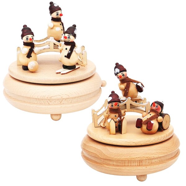 Holz Spieldose, hochwertig, "Schneemannfiguren" gedrechselt 2-fach sort. 13 x 13 x 16 cm Spielwerk Leise rieselt der Schnee;