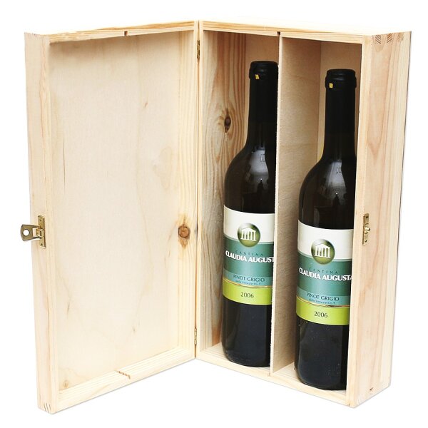 Holz Weinkiste für 2 Flaschen mit Scharnier, natur 20 x 10 x 35 cm