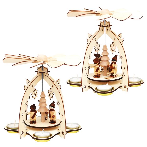 Holz Teelichtpyramide mit Winterfiguren (Laserholz) für 4 Teelichte 2-fach sort. 18 x 18 x 21 cm