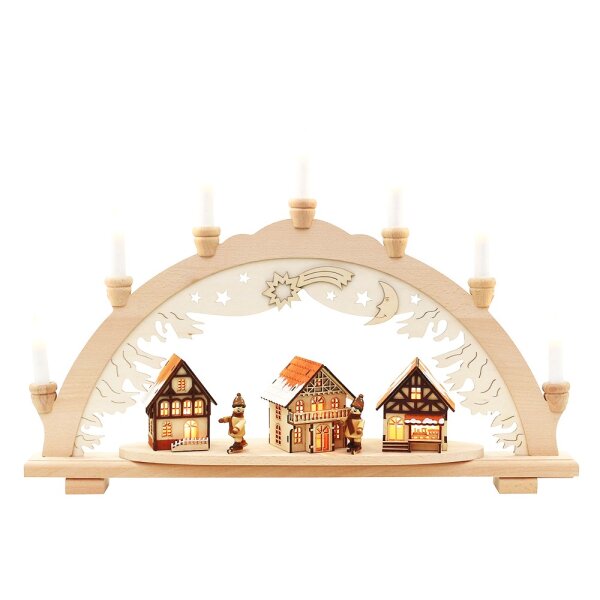 Holz Schwibbogen Premium mit Winterfiguren & Häuser innen beleuchtet 57 x 9 x 38 cm 230 V Kabel; 10 flammig; SPK;