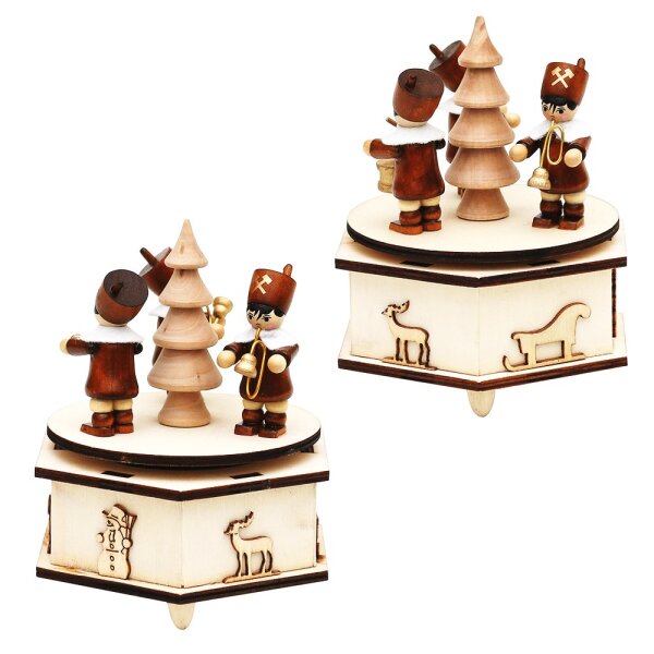 Holz Spieldose klein mit Bergmannfiguren (Laserholz) 2-fach sort. 11 x 11 x 13 cm Spielwerk Stille Nacht; Spielwerk White christmas;