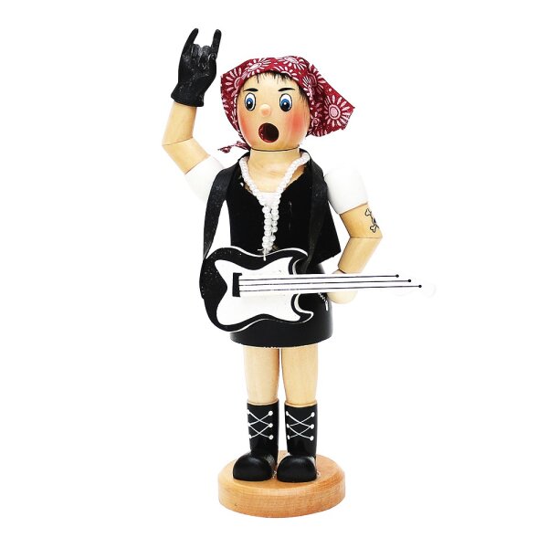 Holz Räucherfrau "Rock-Lady" mit Gitarre & Kopftuch 9 x 5 x 19 cm