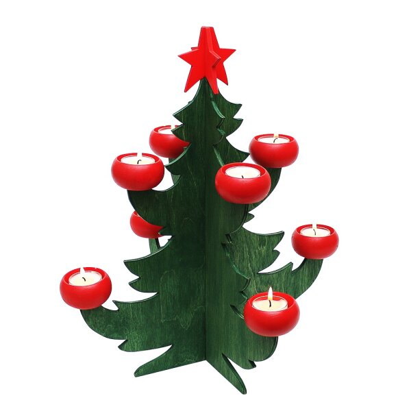 Holz Adventsleuchter "Baum" klein mit 8 roten Tüllen, grün 38 x 38 x 42,5 cm
