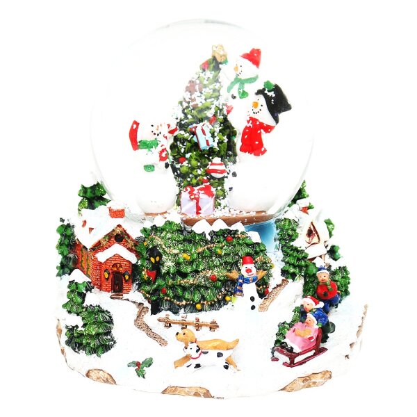 Polyresin Schneekugel "Schneemänner am Weihnachtsbaum" 15 x 14 x 14 cm Ø 10 cm Batteriebetrieb AA; LED; Farbwechsel; Glitterwirbel; Sound;