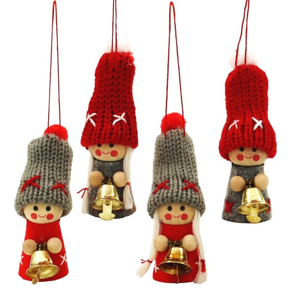Textil Weihnachtswichtel Junge/Mädchen mit Glocke mit Anhänger (Strickware), grau/rot 4-fach sort. 4 x 4 x 8 cm