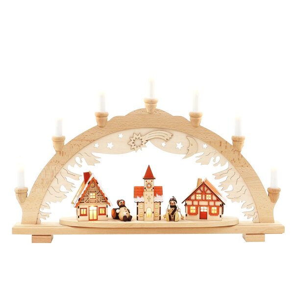 Holz Schwibbogen mit Schneemannfiguren & verschneiten Häusern innen beleuchtet (Premiumholz) 57 x 9 x 38 cm 230 V Kabel; 10 flammig; SPK;