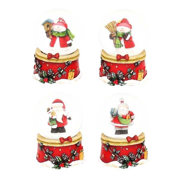 Polyresin Schneekugel roter Sockel mit Zapfengirlande mini mit Schnee-/Weihnachtsmann 4-fach sort. 4,8 x 4,8 x 6,5 cm Ø 4,5 cm