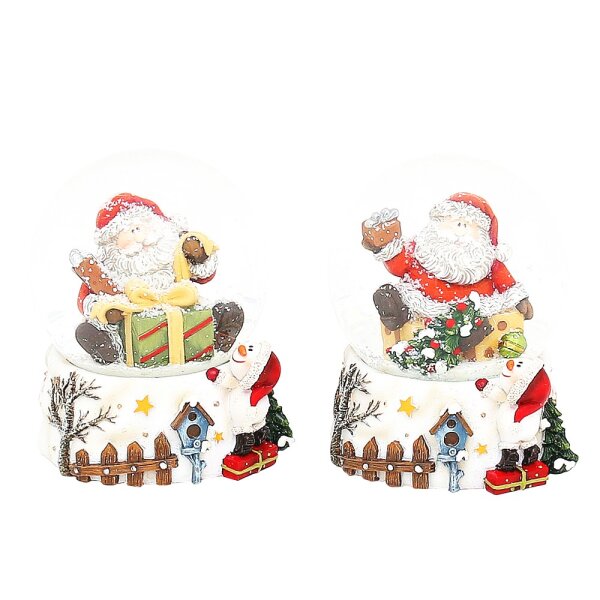 Polyresin Schneekugel "Santa auf weißem Sockel mit Schneemann" 2-fach sort. 7,5 x 7 x 9,5 cm Ø 6,5 cm
