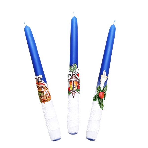 Leuchterkerze mit Weihnachtsdekor Kerze/Laterne/Glocke, blau 3-fach sort. 2,3 x 2,3 x 24 cm