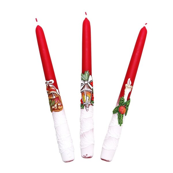 Leuchterkerze mit Weihnachtsdekor Kerze/Laterne/Glocke, weinrot 3-fach sort. 2,3 x 2,3 x 24 cm
