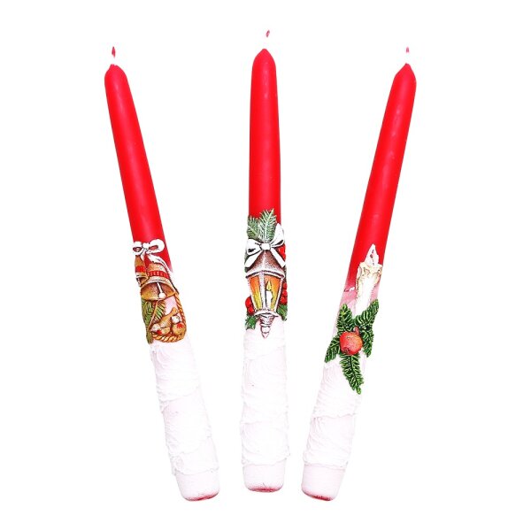 Leuchterkerze mit Weihnachtsdekor Kerze/Laterne/Glocke, rot 3-fach sort. 2,3 x 2,3 x 24 cm