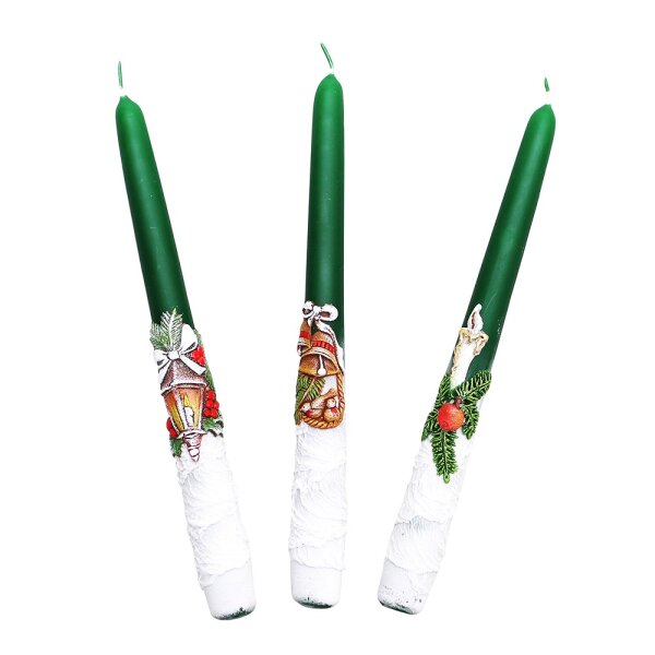 Leuchterkerze mit Weihnachtsdekor Kerze/Laterne/Glocke, grün 3-fach sort. 2,3 x 2,3 x 24 cm