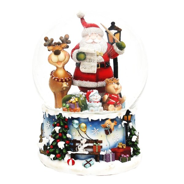 Polyresin Schneekugel "Santa mit lustigem Elch" 15 x 15 x 20 cm Ø 15 cm Spielwerk Rudolph; XXL;