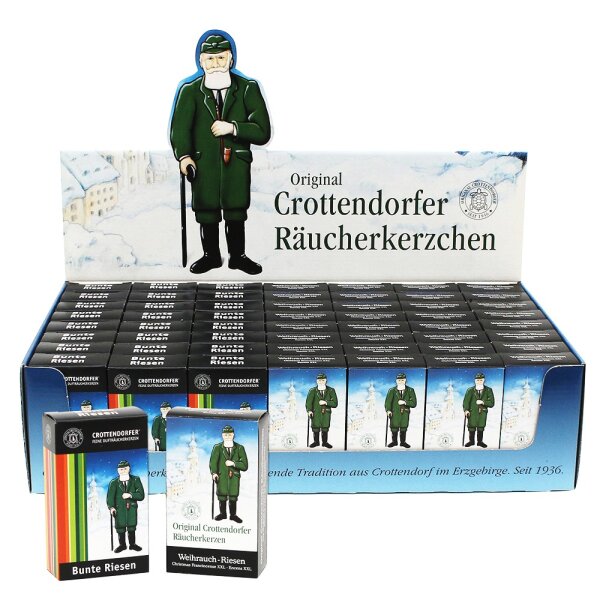 56er Set Crottendorfer-Räucherkerzen "32 Weihrauchriesen + 24 Bunte Riesen" 60 im Display 2-fach sort. 38 x 22,5 x 11 cm