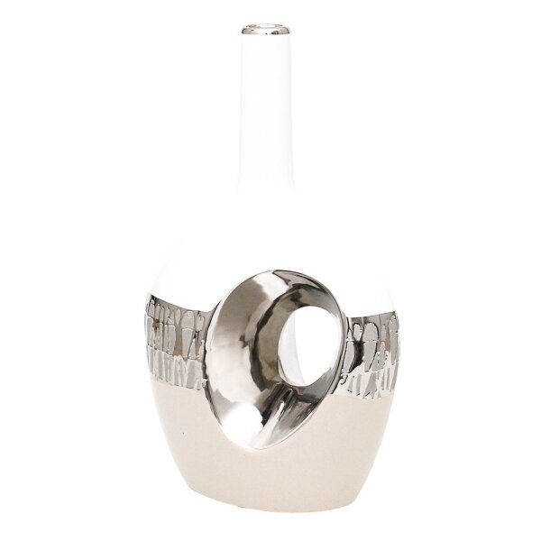 Keramik Vase Cappuccino oval mit Loch silber/weiß 18 x 11,5 x 29 cm