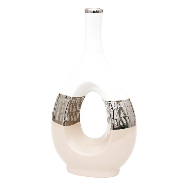 Keramik Vase "Cappuccino" oval mit Loch silber/weiß 18 x 9 x 33,5 cm