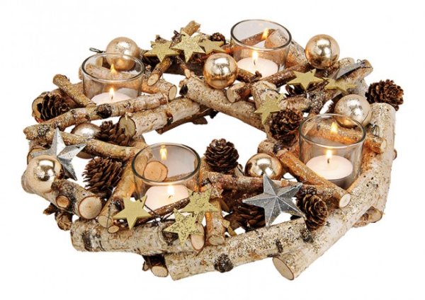 Adventskranz aus Birkenholz, 4 Windlicht Gläser, Stern, Kugel Dekor, Natur mit Glitter (B/H/T) 30x8x30cm