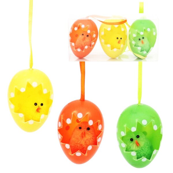3er Set Kunststoff Küken im Ei zum anhängen grün, gelb, orange (Chenille) 3-fach sort. 6 x 4 x 12,5 cm