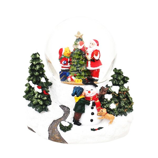 Polyresin Schneekugel "Santa & Bär am Tannenbaum" 13 x 13 x 13 cm Ø 8 cm Batteriebetrieb AAA; LED; Farbwechsel; Glitterwirbel; Sound;