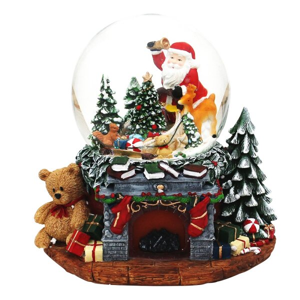 Polyresin Schneekugel Weihnachtskamin mit Santa & Tannenbaum 25,5 x 20 x 22,5 cm Ø 15 cm Batteriebetrieb AA; LED; Farbwechsel; Sound; XXL;