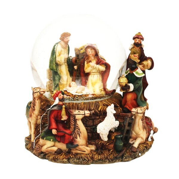 Polyresin Schneekugel Heilige Familie und die Heiligen drei Könige 14 x 13 x 15,5 cm Ø 10 cm Spielwerk Stille Nacht;