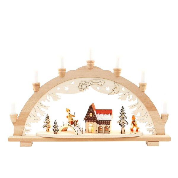 Holz Schwibbogen Winterfiguren & Waldhaus mit Brücke verschneit innen beleuchtet (Premiumholz) 57 x 9 x 38 cm 230 V Kabel; 10 flammig; SPK;