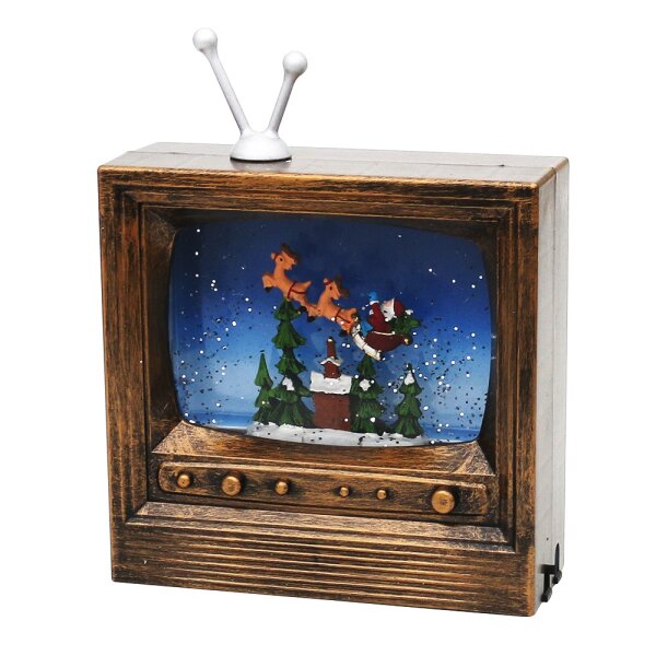 Acryl LED Fernseher mit Santa im Rentierschlitten, gold 17,5 x 6,7 x 21,8 cm Batteriebetrieb AA; Netzanschluss 5 V; LED; Glitterwirbel; Sound;