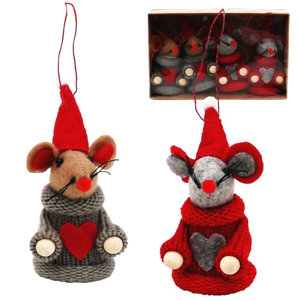 4er Set Textil Weihnachtsmäuse mit Anhänger (Strickware), grau/rot 2-fach sort. 5 x 5 x 9,5 cm
