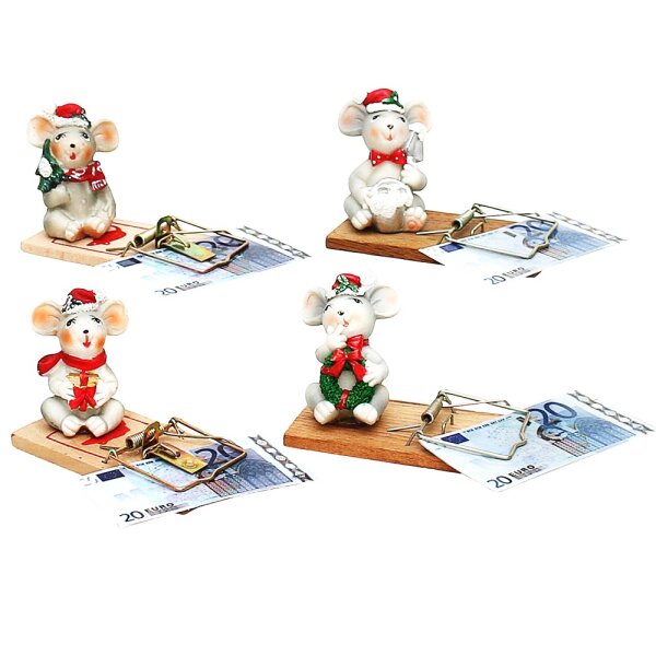 Polyresin Weihnachts-Maus auf Mausefalle 4-fach sort. 10 x 4 x 6 cm