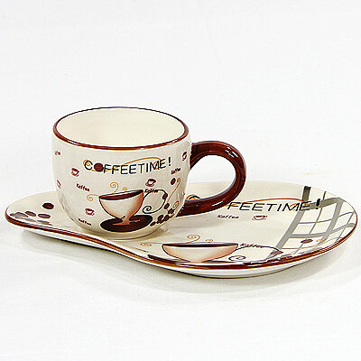 2er Set Dolomite Kaffeetasse mit gr. Untertasse (Nierenform) für Gebäck "Coffeetime" 12 x 8,3 x 6,5 cm