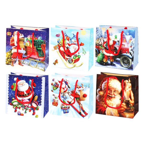 Papier Tragetasche "Weihnachtsmannmotive" für CD (115g) 6-fach sort. 15,5 x 8 x 15,5 cm